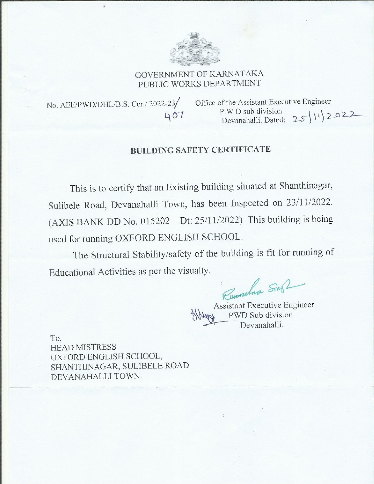 PWD Building Safety Certificate